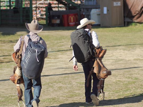 Two saddle bronc riders head towards the chutes before the opening performance